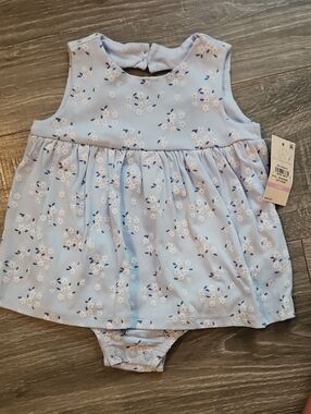 First Impressions Light Blue Floral Dress-Style Onesie With Heart Opening Back